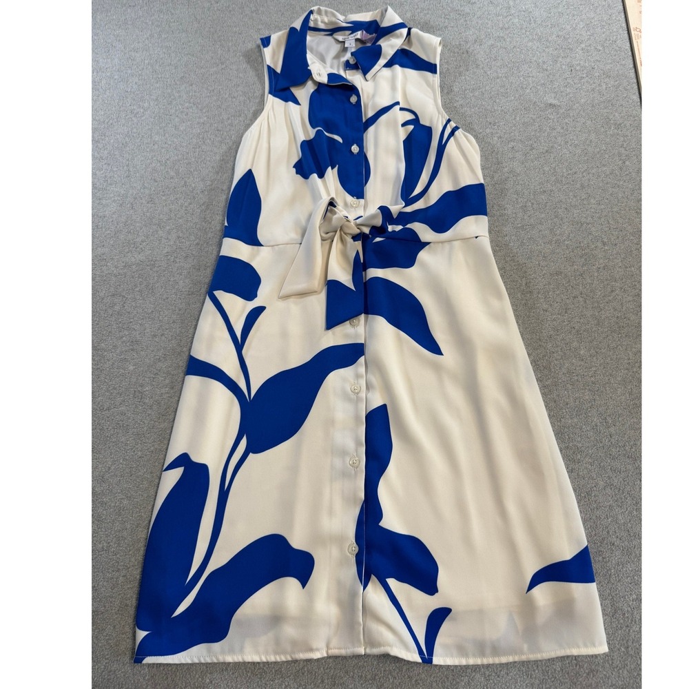 Nine West Shirt Dress Women Small Blue‎ White Excellent Floral Tie Waist Lined